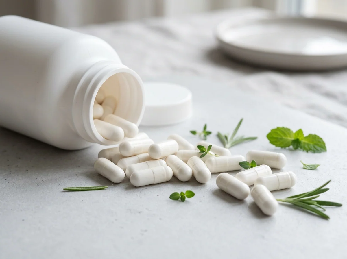 Vita kapslar ur burk med örter - magnesium och selen för dagligt välmående