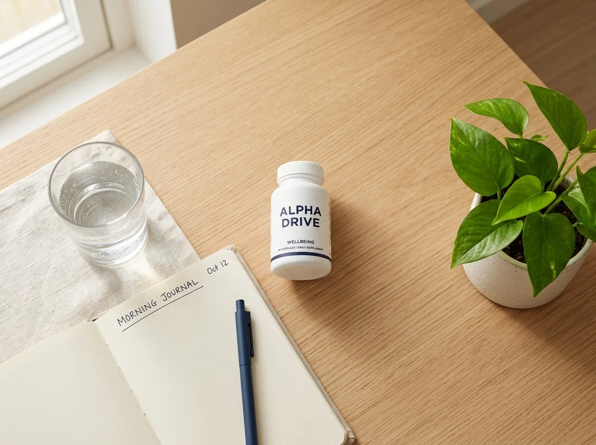 Morgonrutin med kosttillskott - glas vatten och vit burk på träbord